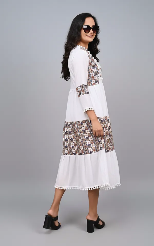 White_Ethnic_Printed_Or_Patchwork_Design,_Pom-Pom_Lace_Gown_For_Women