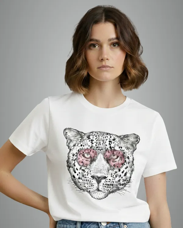 White_Leopard_Muse_Graphic_Print_Round_Neck_T-Shirt_For_Women