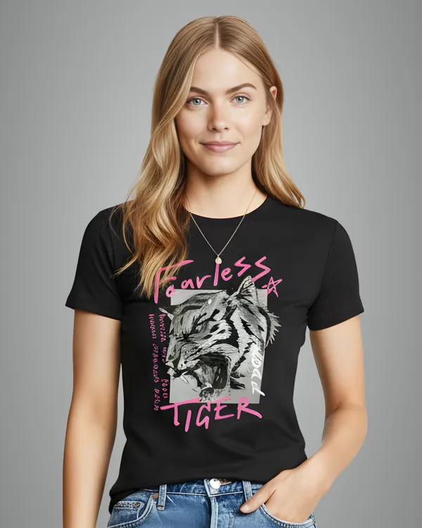 Black_Fearless_Graphic_Print_Round_Neck_T-Shirt_For_Women