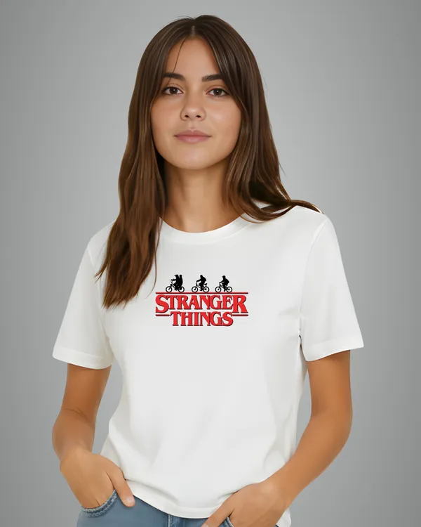 White_Stranger_Things_Graphic_Print_Round_Neck_T-Shirt_For_Women