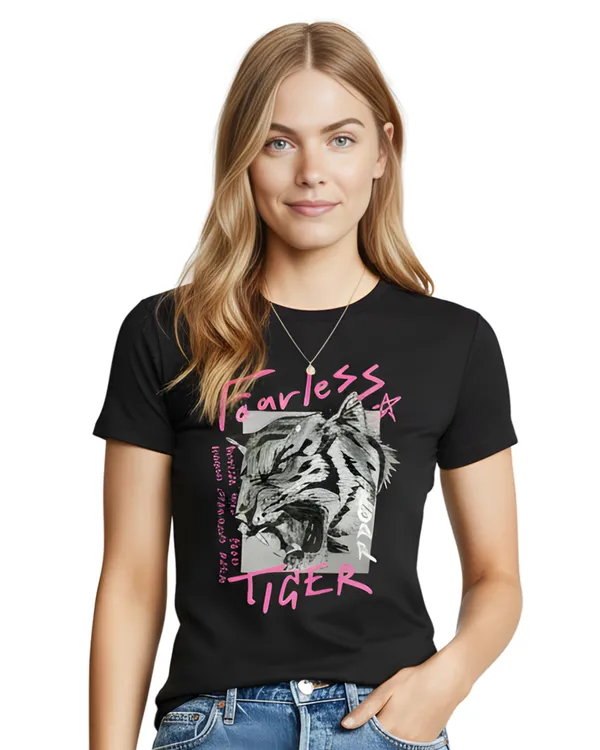 Black_Fearless_Graphic_Print_Round_Neck_T-Shirt_For_Women