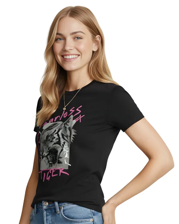 Black_Fearless_Graphic_Print_Round_Neck_T-Shirt_For_Women