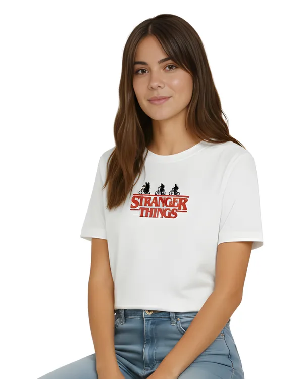 White_Stranger_Things_Graphic_Print_Round_Neck_T-Shirt_For_Women