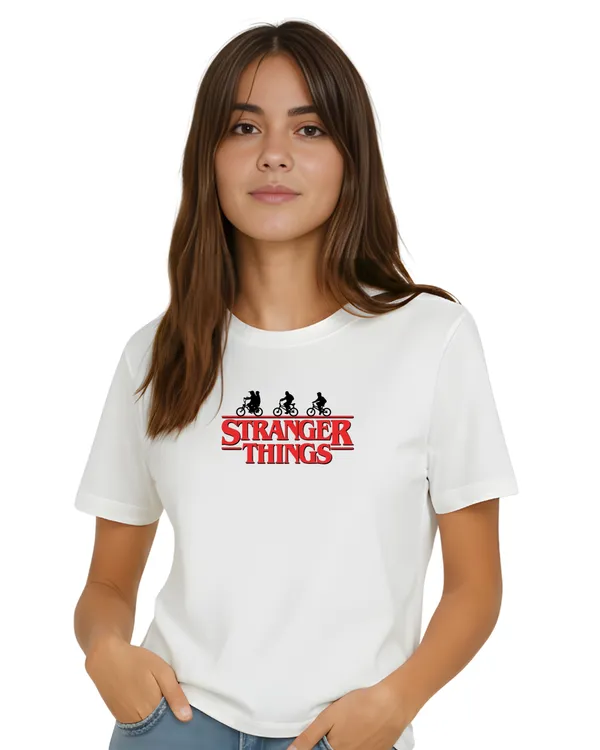 White_Stranger_Things_Graphic_Print_Round_Neck_T-Shirt_For_Women