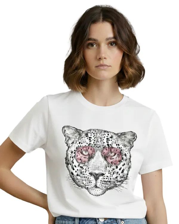White_Leopard_Muse_Graphic_Print_Round_Neck_T-Shirt_For_Women