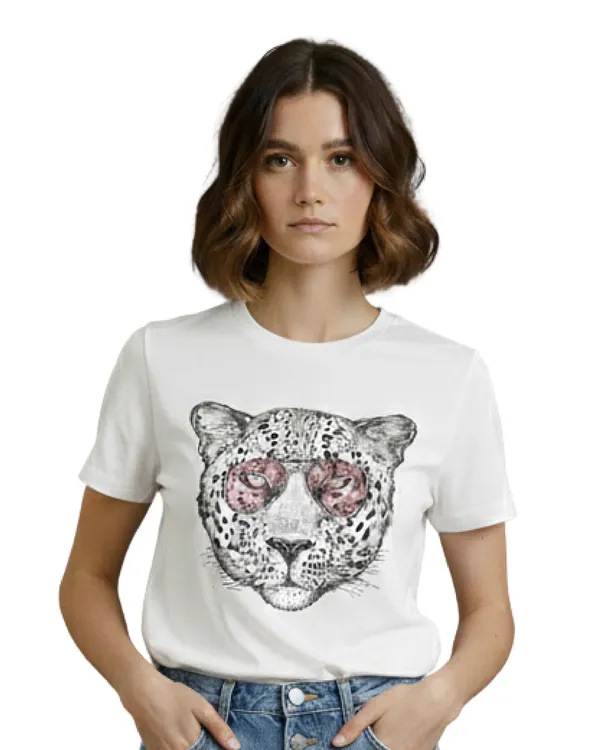 White_Leopard_Muse_Graphic_Print_Round_Neck_T-Shirt_For_Women