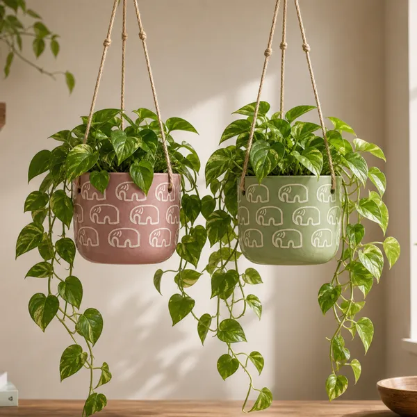 Elephant_Motif_Handcrafted_Terracotta_Hanging_Planters,_Set_of_2_(Pink_&_Green)_|_Jute_Rope_Hanger_|_Indoor_Hanging_Pots_for_Plants,_Balcony_&_Home_Decor_|_11.4cm_Dia_x_10cm_Height