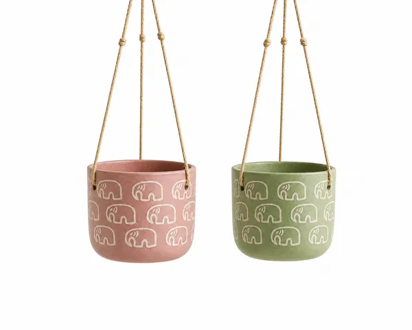 Elephant_Motif_Handcrafted_Terracotta_Hanging_Planters,_Set_of_2_(Pink_&_Green)_|_Jute_Rope_Hanger_|_Indoor_Hanging_Pots_for_Plants,_Balcony_&_Home_Decor_|_11.4cm_Dia_x_10cm_Height