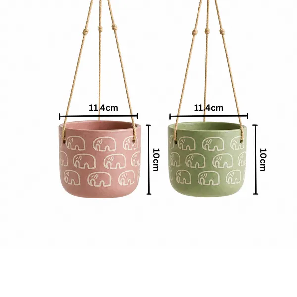 Elephant_Motif_Handcrafted_Terracotta_Hanging_Planters,_Set_of_2_(Pink_&_Green)_|_Jute_Rope_Hanger_|_Indoor_Hanging_Pots_for_Plants,_Balcony_&_Home_Decor_|_11.4cm_Dia_x_10cm_Height