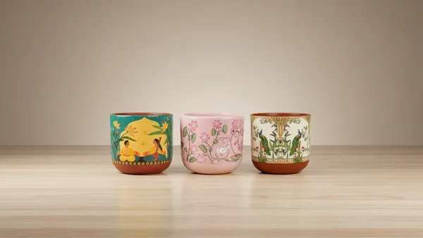 Hand-Painted_Terracotta_Planters_for_Plants_|_Designer_Flower_Pot_for_Living_Room_|_Musicians_Piece,_Pichwai_Pink_&_Beige_Royal_Peacock_|_Set_of_3