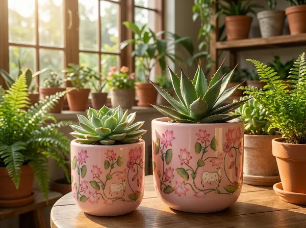 Komala_Pair_Pink_Pichwai,_Set_of_2|_6Inch_and_4inch_Terracotta_Planter_for_Home_Decor_|_Glass_coated_Designs_for_Aesthetic_Place