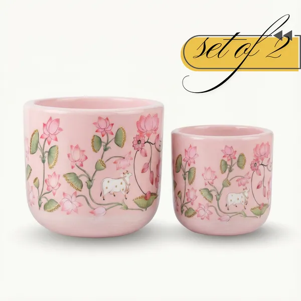 Komala_Pair_Pink_Pichwai,_Set_of_2|_6Inch_and_4inch_Terracotta_Planter_for_Home_Decor_|_Glass_coated_Designs_for_Aesthetic_Place