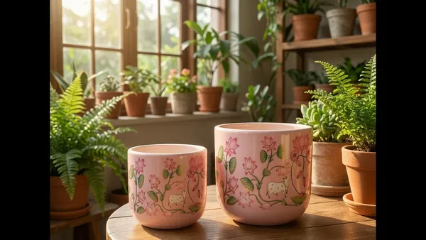 Komala_Pair_Pink_Pichwai,_Set_of_2|_6Inch_and_4inch_Terracotta_Planter_for_Home_Decor_|_Glass_coated_Designs_for_Aesthetic_Place