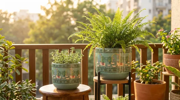 Lalita_Grace_Duo_Pichwai_Planter,_Set_of_2|_6Inch_and_4inch_Terracotta_Planter_for_Home_Decor_|_Glass_coated_Designs_for_Aesthetic_Place