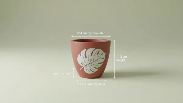 Terra_Roo_Terracotta_Planter_with_Monstera_Leaf_Design,_Matte_Finish,_Cylindrical,_Medium,_12.4_cm_Diameter,_Indoor_Decorative_Pot