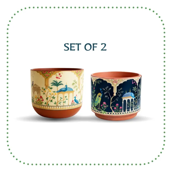 Veera_Duo_Terracotta_Planter_Set_of_2,_Royal_Peacock_Design,_Multicolour_Cylindrical_Flower_Pot_for_Home_Decor