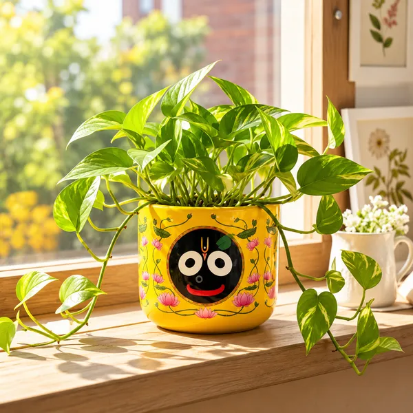 Jagannath_Yellow_Handcrafted_Terracotta_Planter_for_Indoor_Plants_|_Hand-Painted_Clay_Flower_Pot_with_Lotus_Design_|_Decorative_Planters_for_Home_Decor,_Living_Room_&_Pooja_Corner_|_11.4cm_Dia_x_10cm_Height