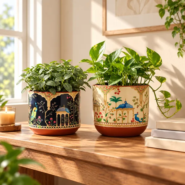 Veera_Duo_Terracotta_Planter_Set_of_2,_Royal_Peacock_Design,_Multicolour_Cylindrical_Flower_Pot_for_Home_Decor