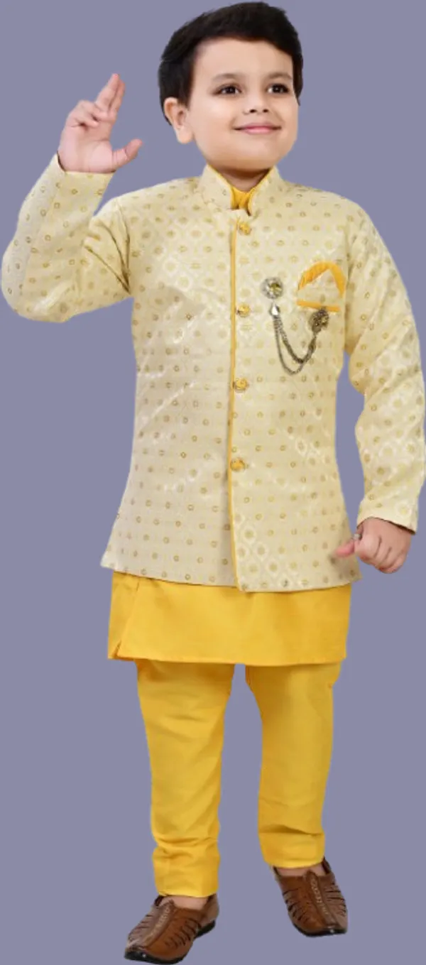 Yellow_Pure_Silk_Kurta,_Waistcoat_And_Pyjama_Set_Ethnic_Motifs_|Solid_For_Boys