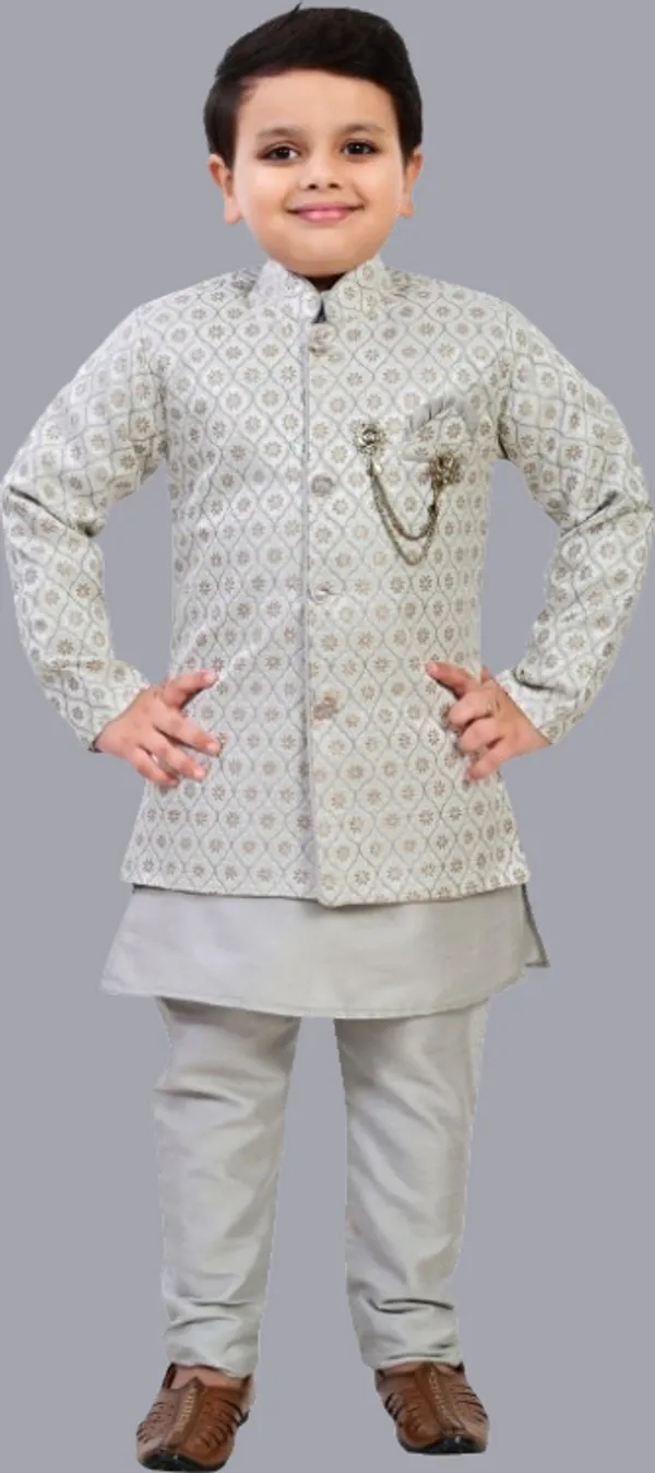 Grey_Jacquard_Kurta,_Waistcoat_And_Pyjama_Set_Ethnic_Motifs_|Solid_For_Boys