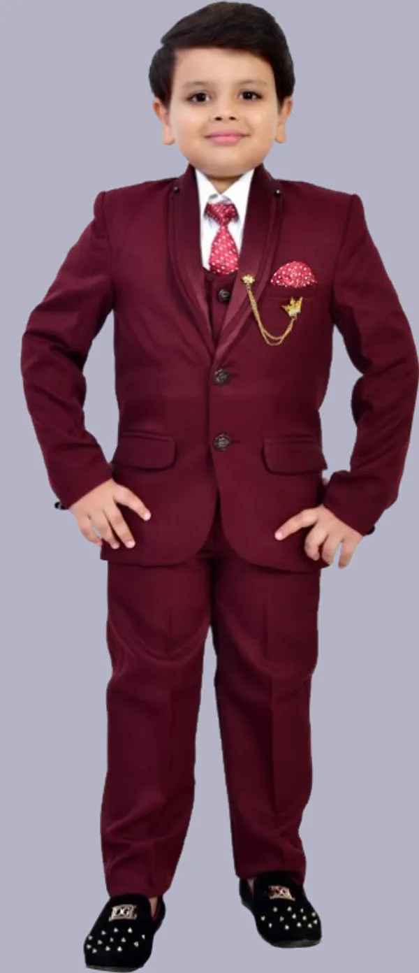 Maroon_Polyester_5_Piece_Coat_Pant_Suit_Set_Solid_For_Boys