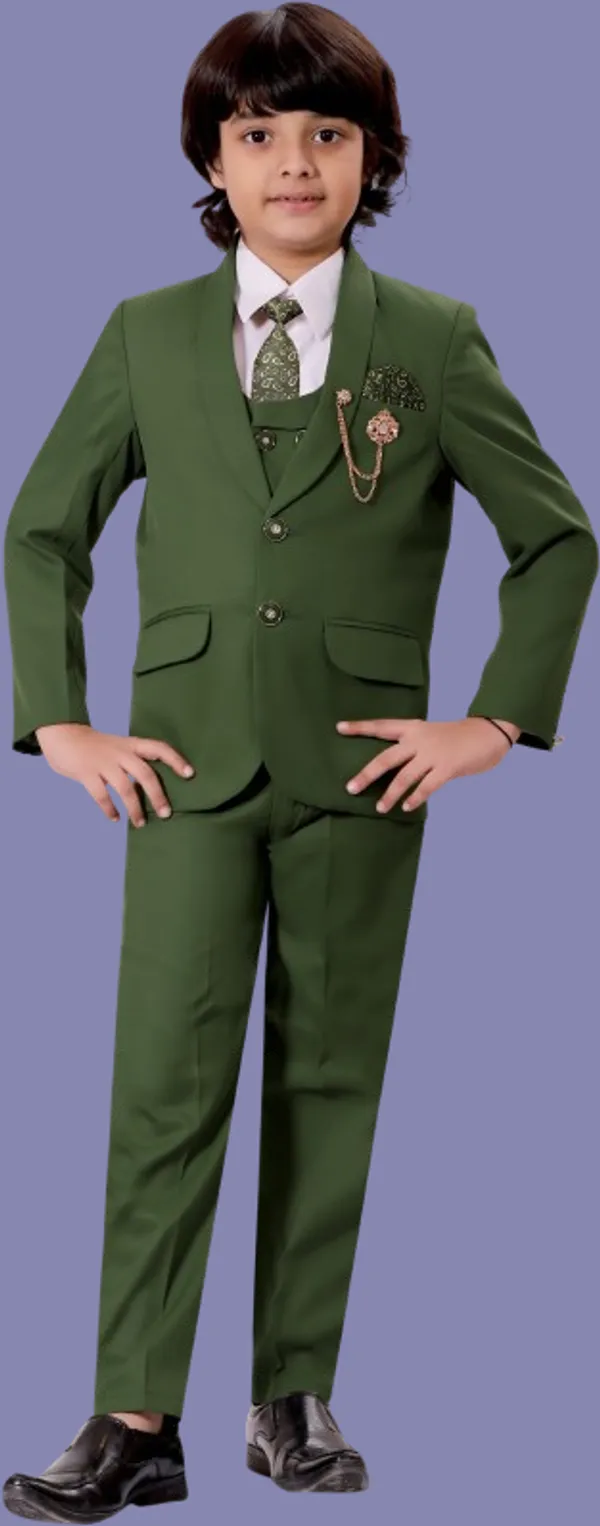 Green_Cotton_Blend_5_Piece_Coat_Suit_Set_With_Shirt,_Pant,_Waistcoat_&_Tie_For_Boys_Solid_For_Boys