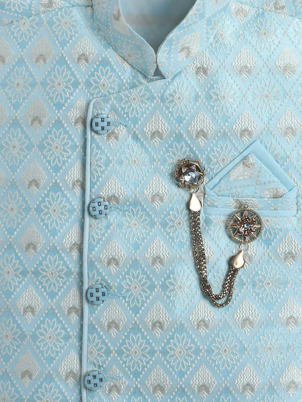 Sky_Blue_Pure_Silk_Kurta,_Waistcoat_And_Pyjama_Set_Printed_For_Boys
