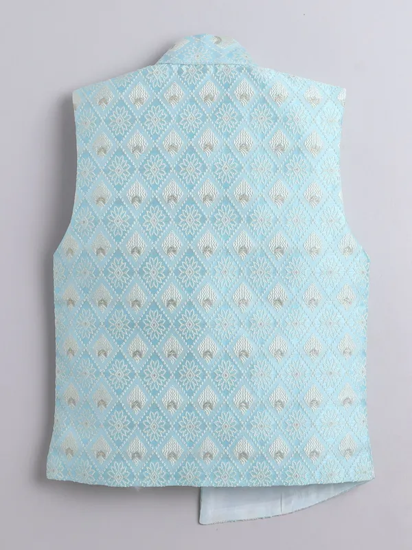 Sky_Blue_Pure_Silk_Kurta,_Waistcoat_And_Pyjama_Set_Printed_For_Boys