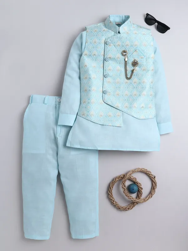 Sky_Blue_Pure_Silk_Kurta,_Waistcoat_And_Pyjama_Set_Printed_For_Boys