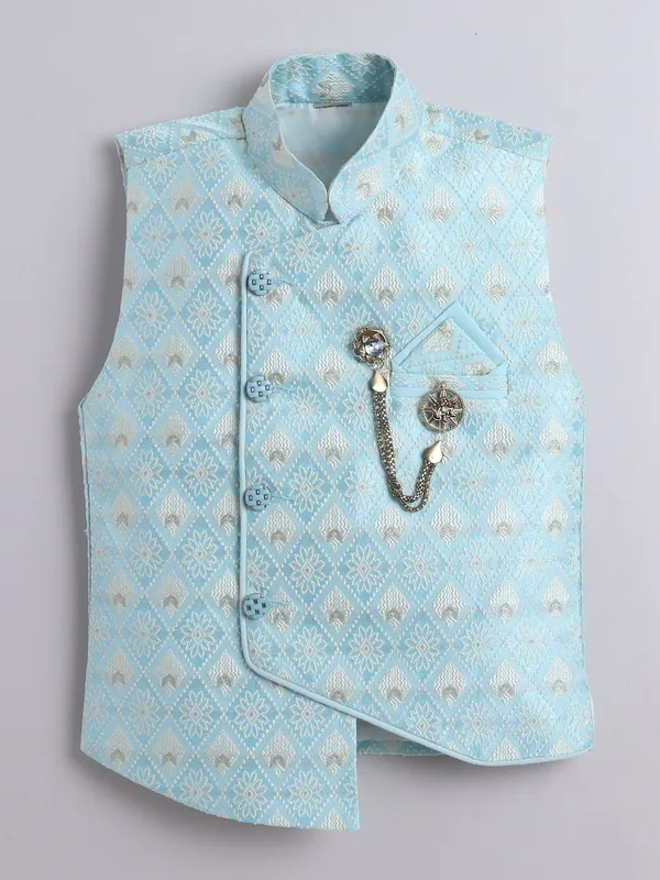 Sky_Blue_Pure_Silk_Kurta,_Waistcoat_And_Pyjama_Set_Printed_For_Boys