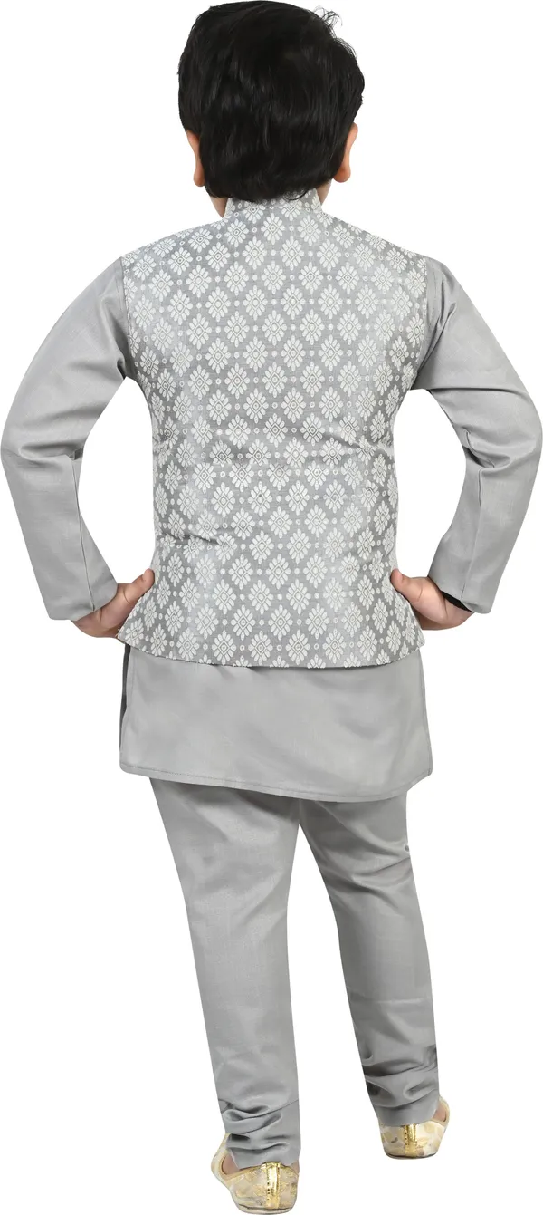 Grey_Jacquard_|Cotton_Blend_Kurta,_Waistcoat_And_Pyjama_Set_Embroidered_For_Boys
