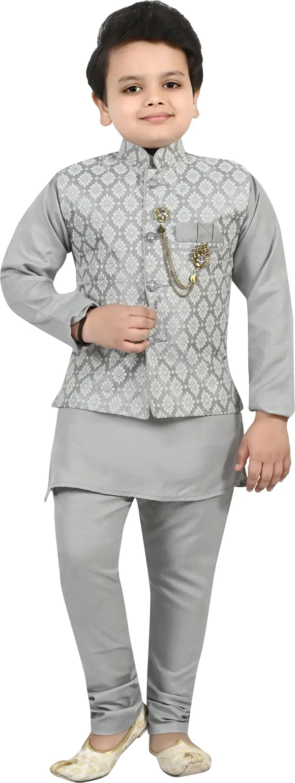 Grey_Jacquard_|Cotton_Blend_Kurta,_Waistcoat_And_Pyjama_Set_Embroidered_For_Boys