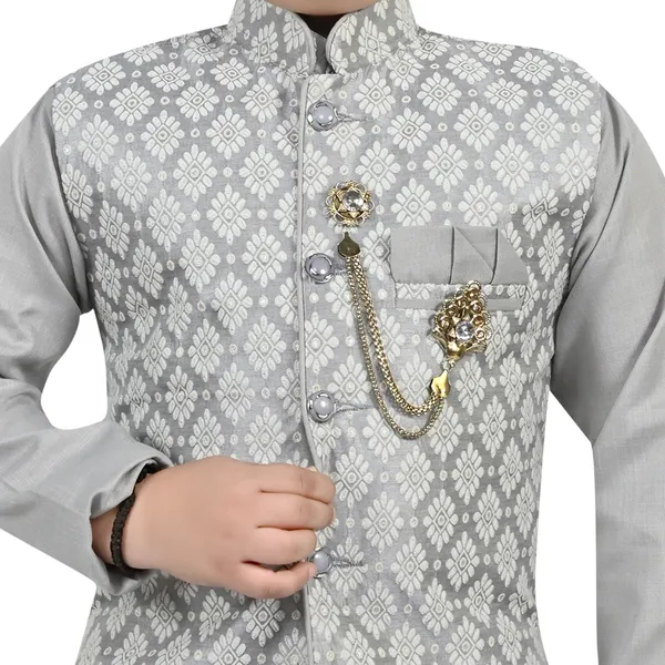Grey_Jacquard_|Cotton_Blend_Kurta,_Waistcoat_And_Pyjama_Set_Embroidered_For_Boys