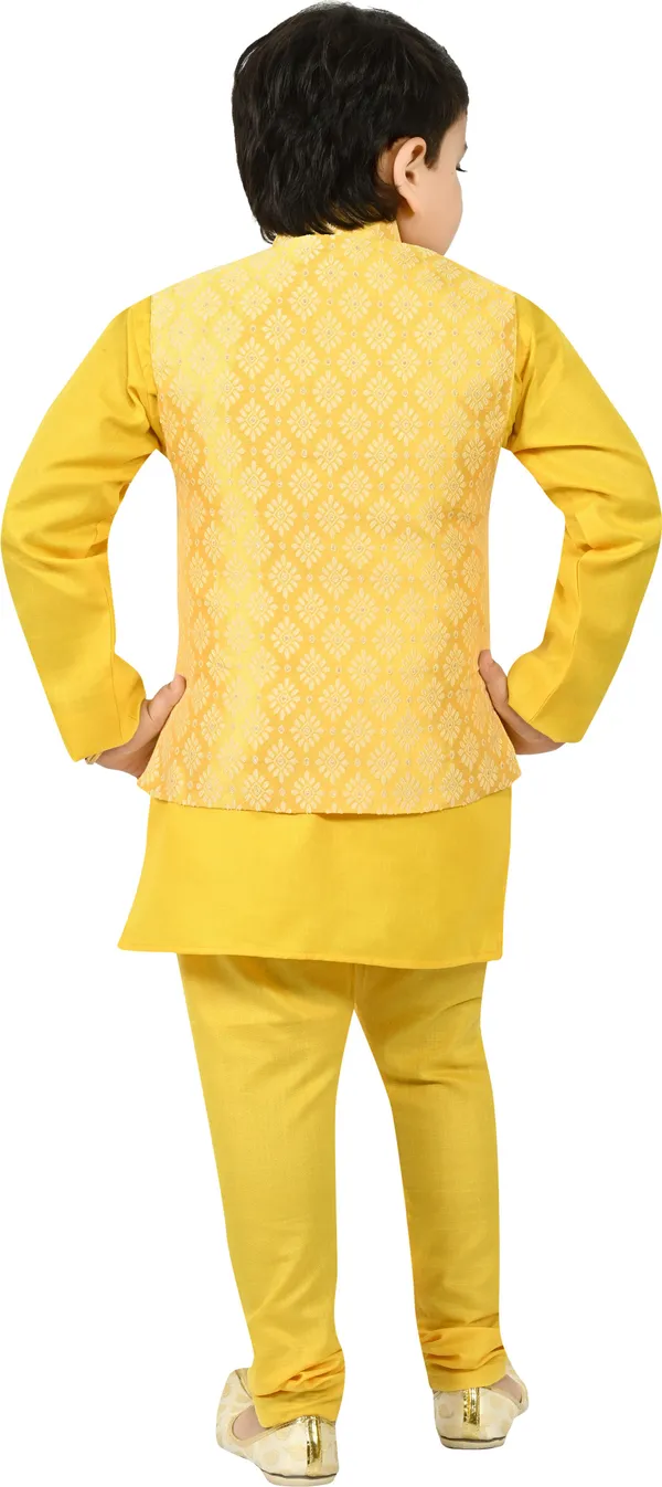 Yellow_Jacquard_|Cotton_Blend_Kurta,_Waistcoat_And_Pyjama_Set_Embroidered_For_Boys