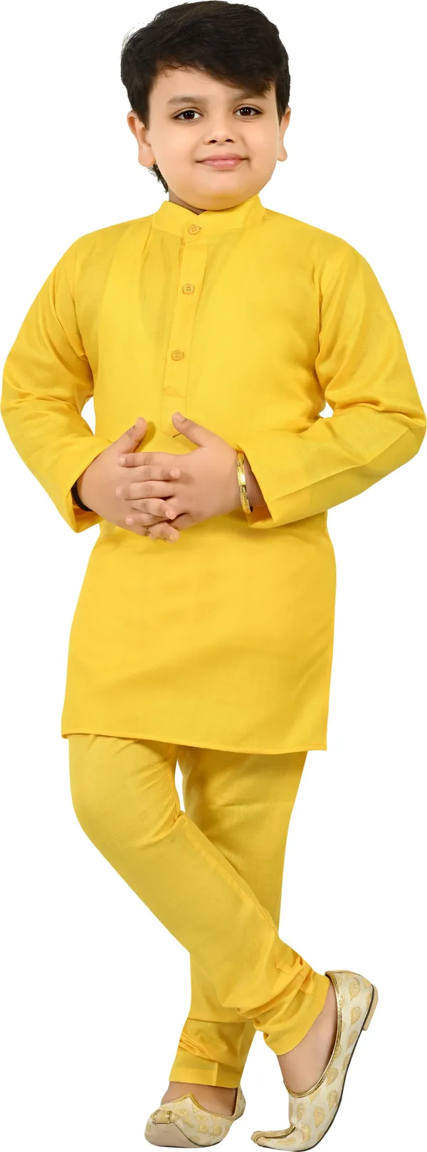 Yellow_Jacquard_|Cotton_Blend_Kurta,_Waistcoat_And_Pyjama_Set_Embroidered_For_Boys