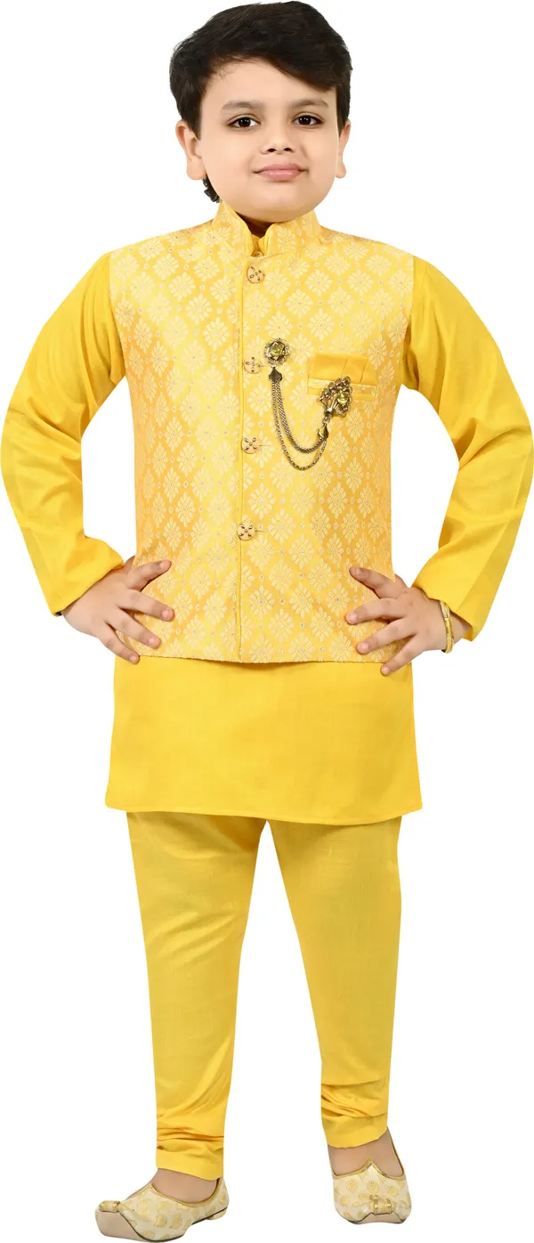 Yellow_Jacquard_|Cotton_Blend_Kurta,_Waistcoat_And_Pyjama_Set_Embroidered_For_Boys