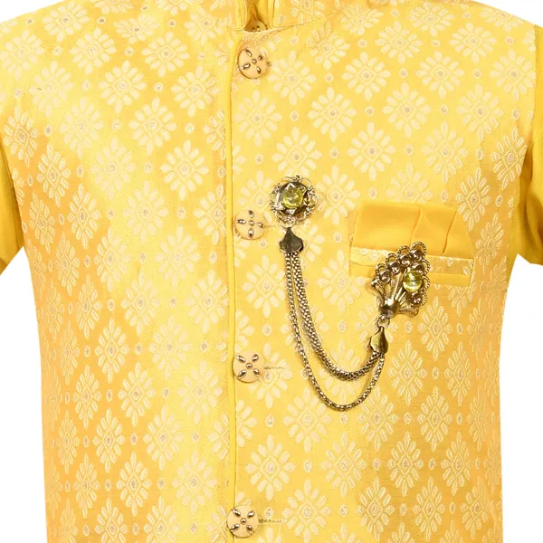 Yellow_Jacquard_|Cotton_Blend_Kurta,_Waistcoat_And_Pyjama_Set_Embroidered_For_Boys