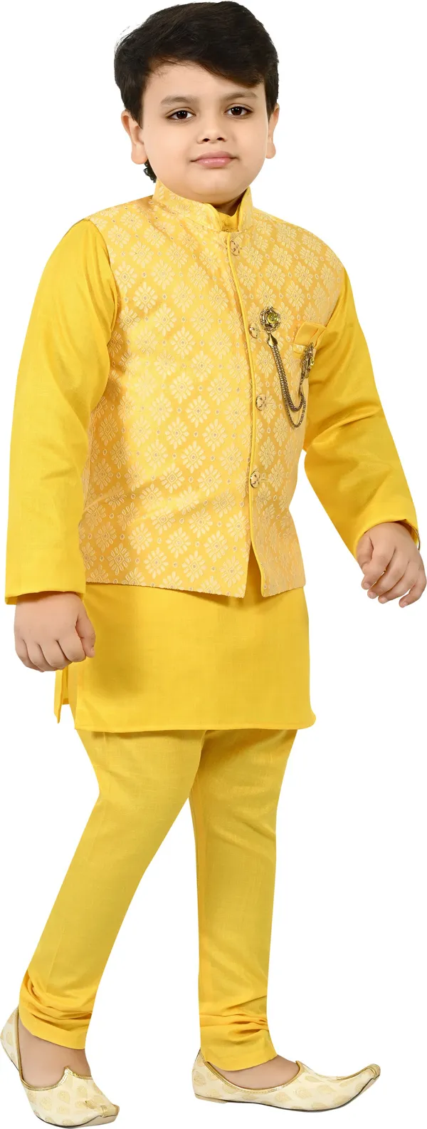 Yellow_Jacquard_|Cotton_Blend_Kurta,_Waistcoat_And_Pyjama_Set_Embroidered_For_Boys