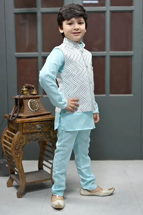 Ice_Blue_Cotton_Blend_Kurta,_Waistcoat_And_Pyjama_Set_Embroidered_For_Boys