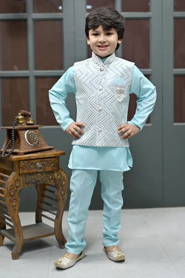 Ice_Blue_Cotton_Blend_Kurta,_Waistcoat_And_Pyjama_Set_Embroidered_For_Boys