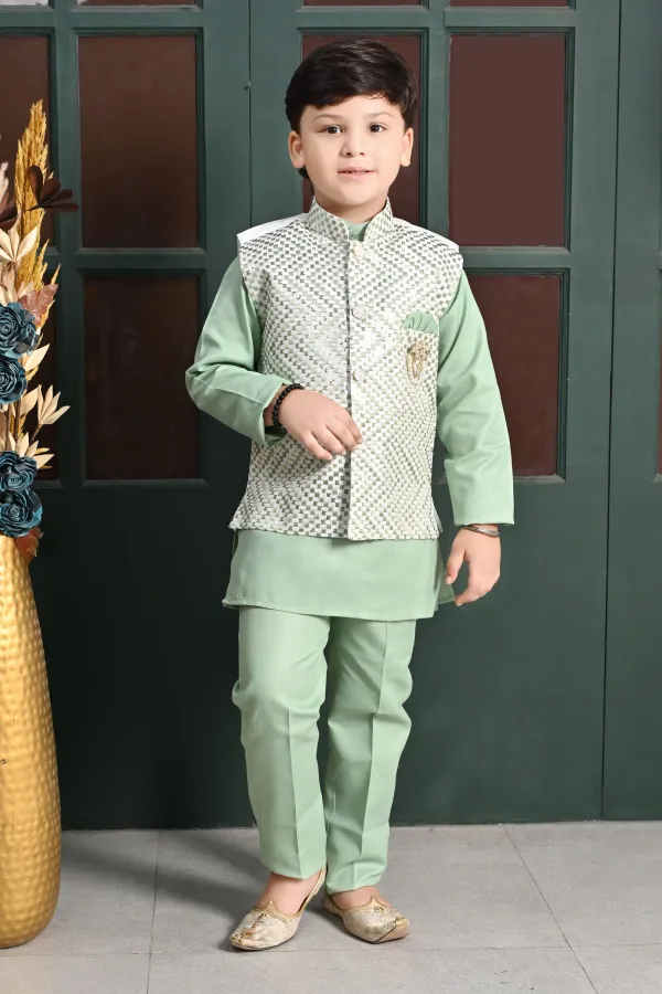 Green_Cotton_Blend_Kurta,_Waistcoat_And_Pyjama_Set_Embroidered_For_Boys