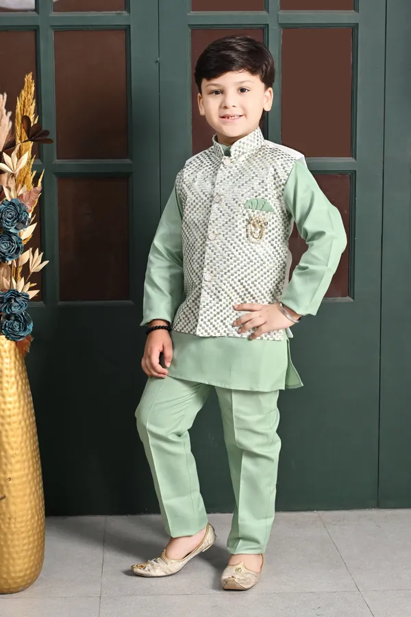 Green_Cotton_Blend_Kurta,_Waistcoat_And_Pyjama_Set_Embroidered_For_Boys