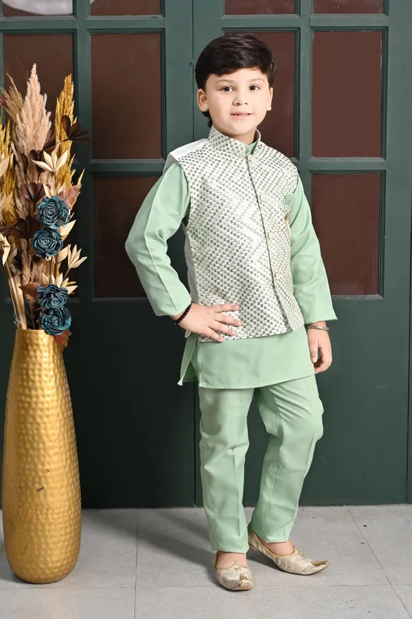 Green_Cotton_Blend_Kurta,_Waistcoat_And_Pyjama_Set_Embroidered_For_Boys
