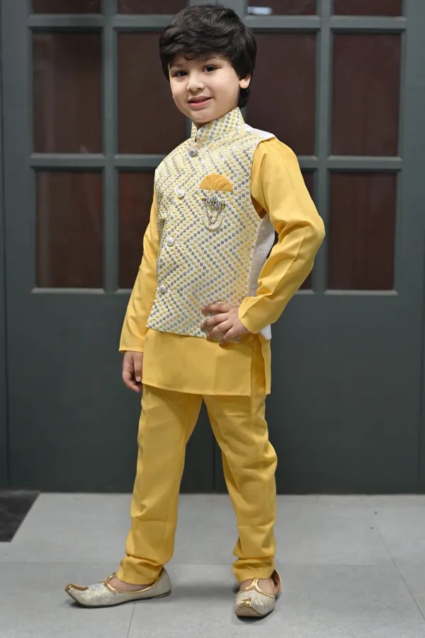 Yellow_Cotton_Blend_Kurta,_Waistcoat_And_Pyjama_Set_Embroidered_For_Boys