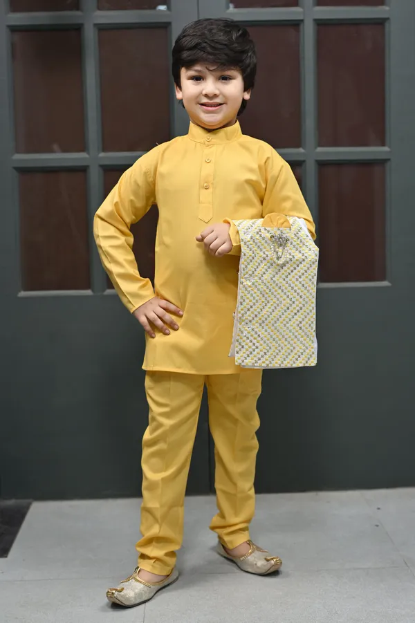 Yellow_Cotton_Blend_Kurta,_Waistcoat_And_Pyjama_Set_Embroidered_For_Boys
