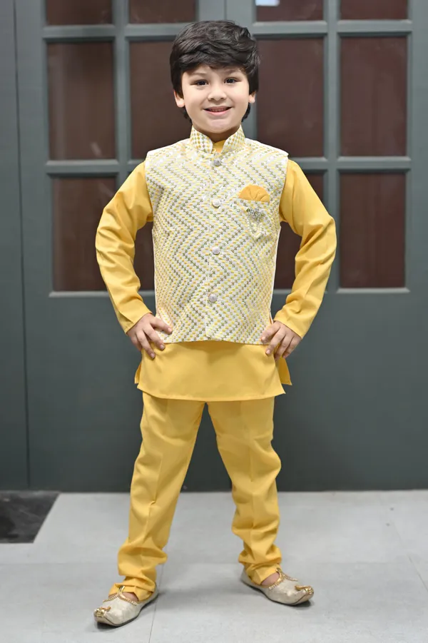 Yellow_Cotton_Blend_Kurta,_Waistcoat_And_Pyjama_Set_Embroidered_For_Boys