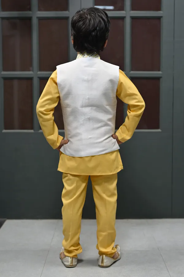 Yellow_Cotton_Blend_Kurta,_Waistcoat_And_Pyjama_Set_Embroidered_For_Boys