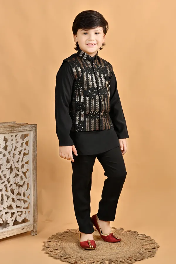 Black_Pure_Cotton_Kurta,_Waistcoat_And_Pyjama_Set_Embellished_For_Boys