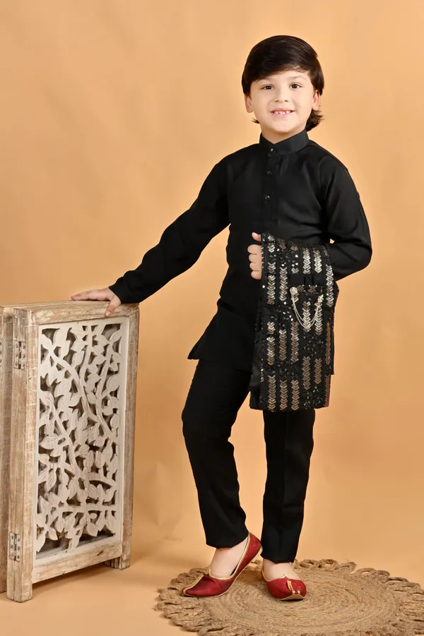 Black_Pure_Cotton_Kurta,_Waistcoat_And_Pyjama_Set_Embellished_For_Boys