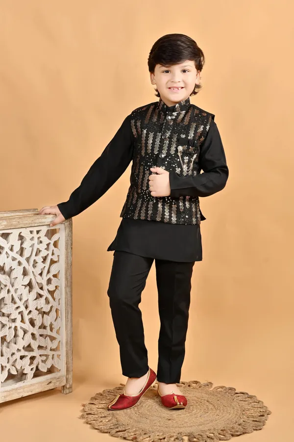 Black_Pure_Cotton_Kurta,_Waistcoat_And_Pyjama_Set_Embellished_For_Boys